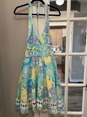 Vintage Lilly Pulitzer Yellow, Light Blue & White Floral Halter Dress size 4